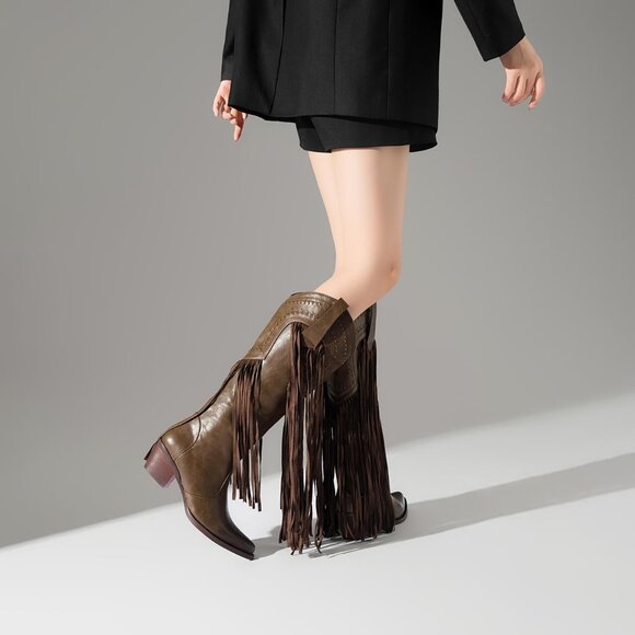 Women's Fashion Pointed Toe Chunky Pull On Knee High Heel Embroidered Brown Boot - Picture 6 of 8